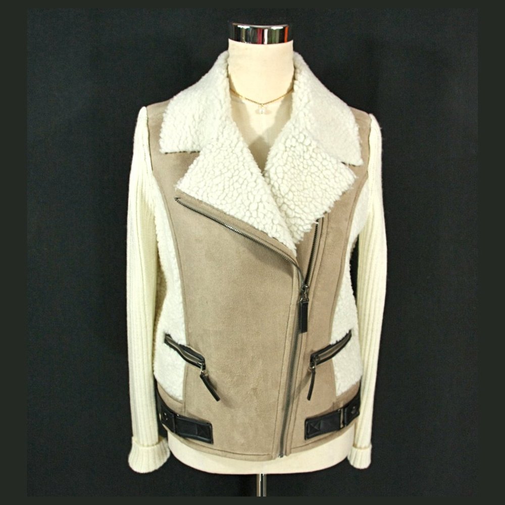 Design History Wool Faux Shearling Zip Front Jacket Coat Ivory Tan w Pockets S